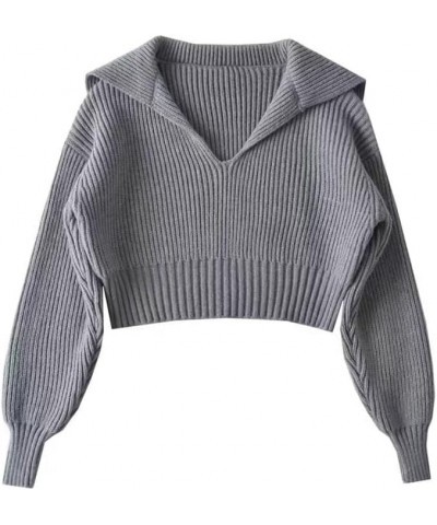 Women's Fall Lapel Collar V Neck Cropped Sweater Long Sleeve Knit Oversized Pullover Sweater Jumper Top Grey $12.99 Sweaters