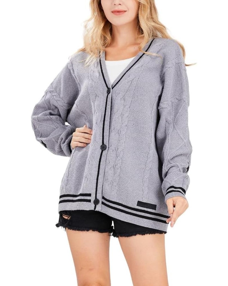 Women's Cardigan Open Front Stars Embroideried Cable Knit Sweaters Button Down V Neck Sweater Grey $16.72 Sweaters