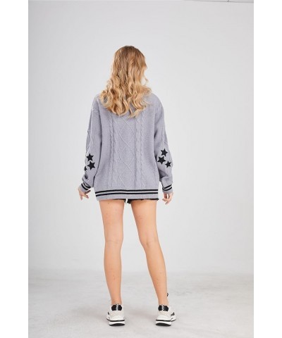 Women's Cardigan Open Front Stars Embroideried Cable Knit Sweaters Button Down V Neck Sweater Grey $16.72 Sweaters