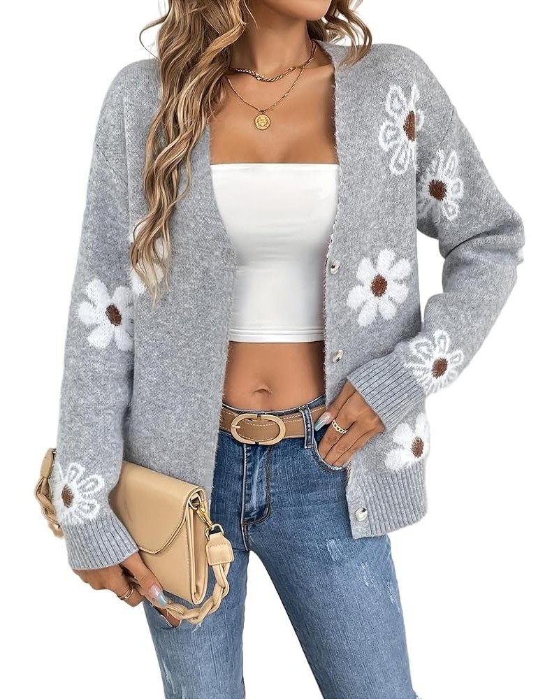 Women's Fall Cute Daisy Button Jacquard Knit Cardigan Sweater Jacket Grey $15.50 Sweaters