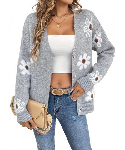 Women's Fall Cute Daisy Button Jacquard Knit Cardigan Sweater Jacket Grey $15.50 Sweaters