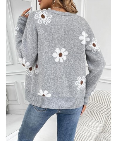 Women's Fall Cute Daisy Button Jacquard Knit Cardigan Sweater Jacket Grey $15.50 Sweaters