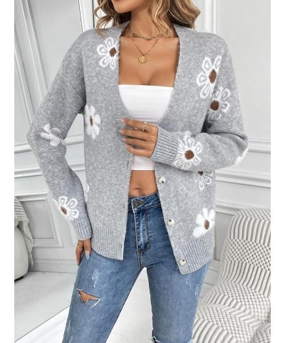 Women's Fall Cute Daisy Button Jacquard Knit Cardigan Sweater Jacket Grey $15.50 Sweaters