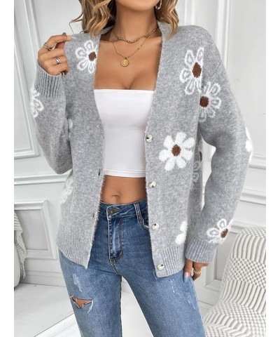 Women's Fall Cute Daisy Button Jacquard Knit Cardigan Sweater Jacket Grey $15.50 Sweaters