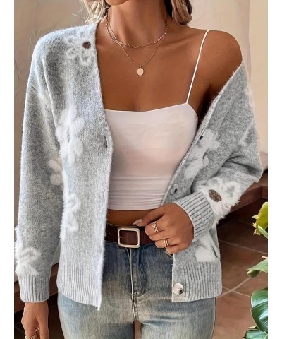 Women's Fall Cute Daisy Button Jacquard Knit Cardigan Sweater Jacket Grey $15.50 Sweaters