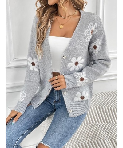 Women's Fall Cute Daisy Button Jacquard Knit Cardigan Sweater Jacket Grey $15.50 Sweaters