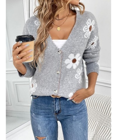 Women's Fall Cute Daisy Button Jacquard Knit Cardigan Sweater Jacket Grey $15.50 Sweaters