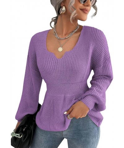 Womens Long Sleeve Sweaters V Neck Fall Knit Sweater Casual Pullover Tops 2023 Purple $18.90 Sweaters