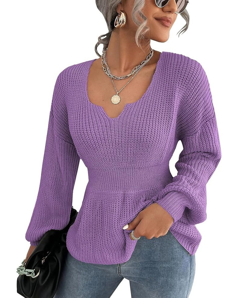 Womens Long Sleeve Sweaters V Neck Fall Knit Sweater Casual Pullover Tops 2023 Purple $18.90 Sweaters