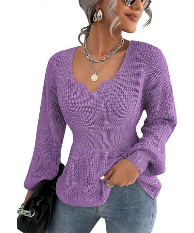 Womens Long Sleeve Sweaters V Neck Fall Knit Sweater Casual Pullover Tops 2023 Purple $18.90 Sweaters