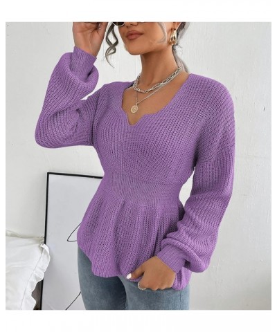 Womens Long Sleeve Sweaters V Neck Fall Knit Sweater Casual Pullover Tops 2023 Purple $18.90 Sweaters