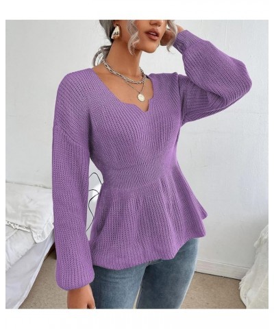 Womens Long Sleeve Sweaters V Neck Fall Knit Sweater Casual Pullover Tops 2023 Purple $18.90 Sweaters