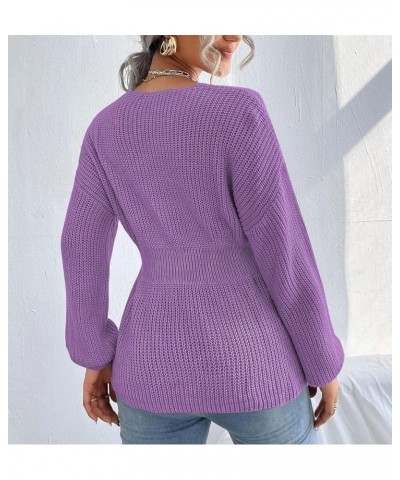 Womens Long Sleeve Sweaters V Neck Fall Knit Sweater Casual Pullover Tops 2023 Purple $18.90 Sweaters