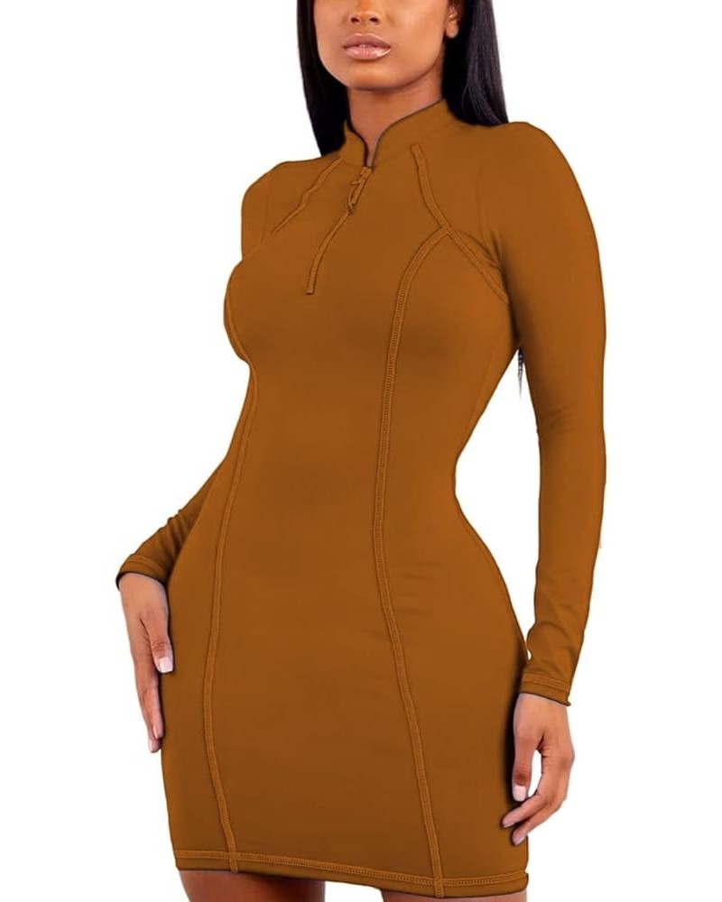 Women Long Sleeve Bodycon Dress Zipper Fitness Mini Dresses Thumb Hole Caramel $7.50 Dresses