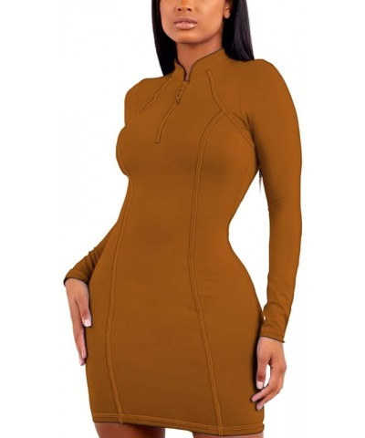 Women Long Sleeve Bodycon Dress Zipper Fitness Mini Dresses Thumb Hole Caramel $7.50 Dresses