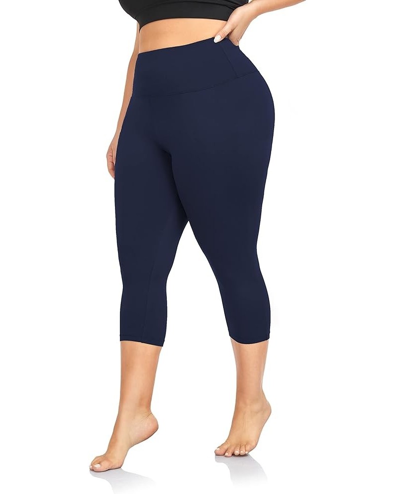 Plus Size Capri Leggings for Women-Stretchy X-Large-4X Tummy Control High Waist Spandex Workout Black Yoga Pants 2-navy Blue-...