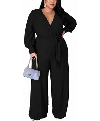 Plus Size Jumpsuits for Women Long Sleeve Wrap V Neck Belted Stretchy Wide Leg Long Pants Jumpsuit Romper L-4XL A2 Black $19....