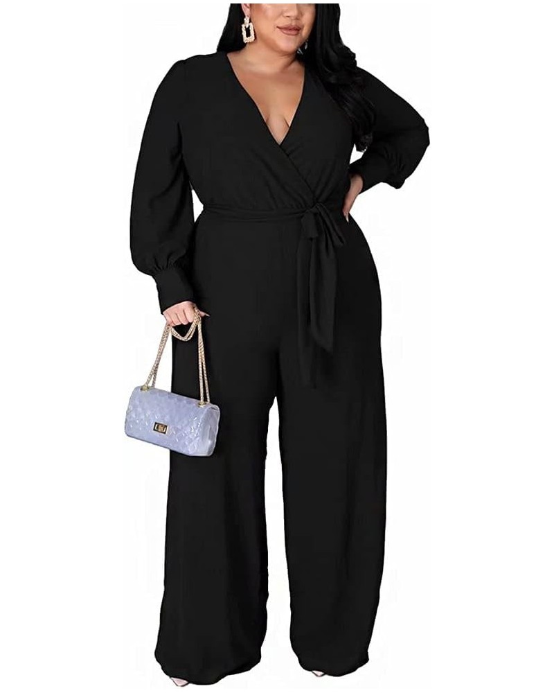 Plus Size Jumpsuits for Women Long Sleeve Wrap V Neck Belted Stretchy Wide Leg Long Pants Jumpsuit Romper L-4XL A2 Black $19....