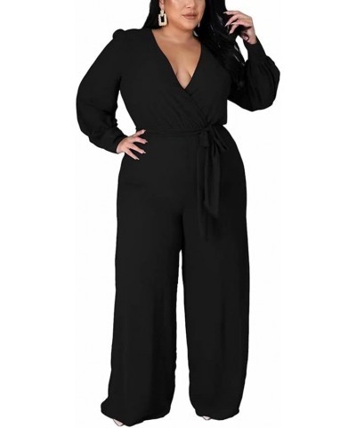 Plus Size Jumpsuits for Women Long Sleeve Wrap V Neck Belted Stretchy Wide Leg Long Pants Jumpsuit Romper L-4XL A2 Black $19....