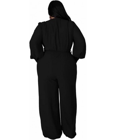 Plus Size Jumpsuits for Women Long Sleeve Wrap V Neck Belted Stretchy Wide Leg Long Pants Jumpsuit Romper L-4XL A2 Black $19....