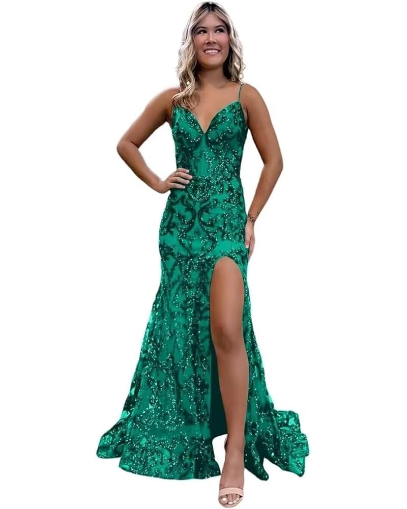 Sequin Appliques Prom Dresses Formal Gowns with Slit Spaghetti Strap Mermaid Evening Party Dress for Women A-peacock $40.49 D...