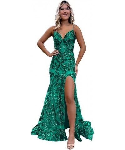 Sequin Appliques Prom Dresses Formal Gowns with Slit Spaghetti Strap Mermaid Evening Party Dress for Women A-peacock $40.49 D...