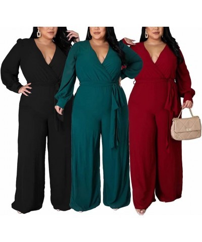 Plus Size Jumpsuits for Women Long Sleeve Wrap V Neck Belted Stretchy Wide Leg Long Pants Jumpsuit Romper L-4XL A2 Black $19....