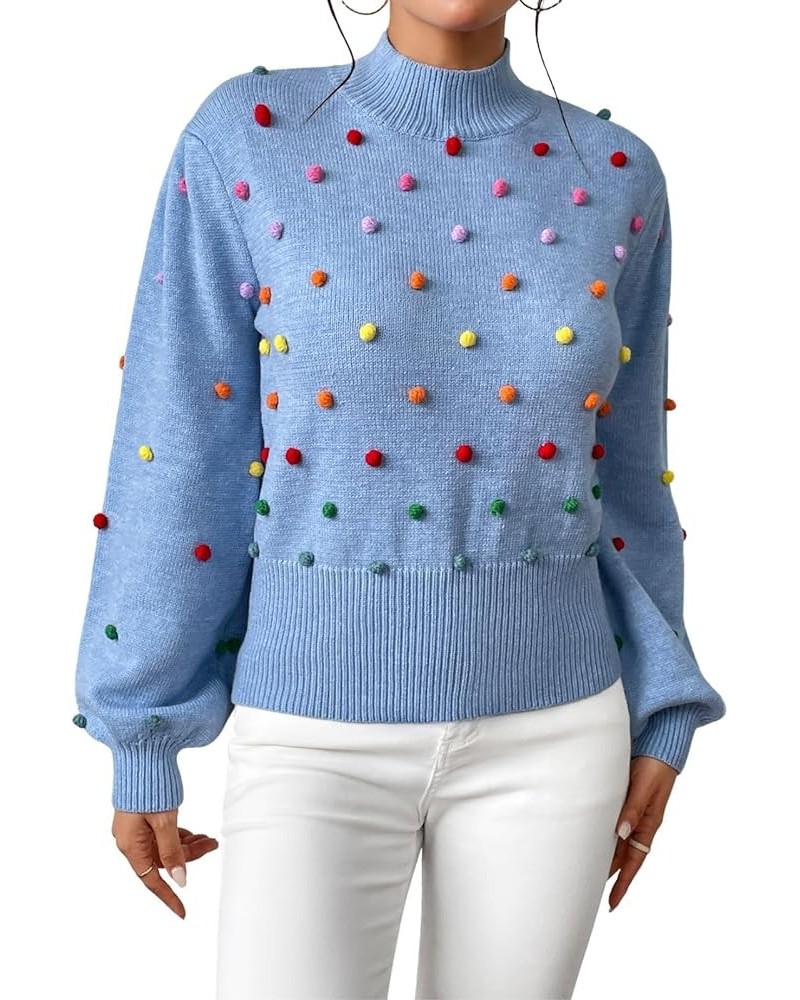 Women Mock Neck Long Lantern Sleeve Sweaters Colorful Pom Loose Knit Pullover Sweater 2023 Casual Fall Sweaters Blue $19.68 S...