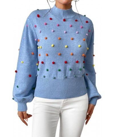 Women Mock Neck Long Lantern Sleeve Sweaters Colorful Pom Loose Knit Pullover Sweater 2023 Casual Fall Sweaters Blue $19.68 S...