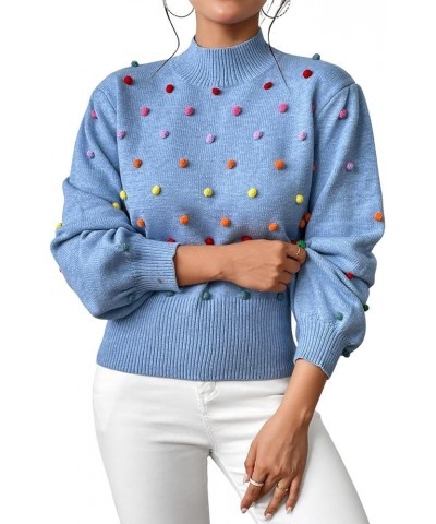 Women Mock Neck Long Lantern Sleeve Sweaters Colorful Pom Loose Knit Pullover Sweater 2023 Casual Fall Sweaters Blue $19.68 S...