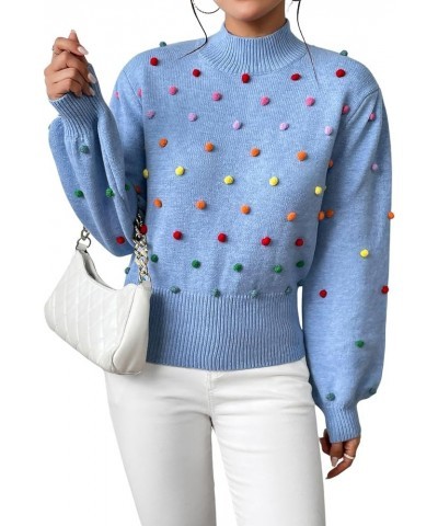 Women Mock Neck Long Lantern Sleeve Sweaters Colorful Pom Loose Knit Pullover Sweater 2023 Casual Fall Sweaters Blue $19.68 S...