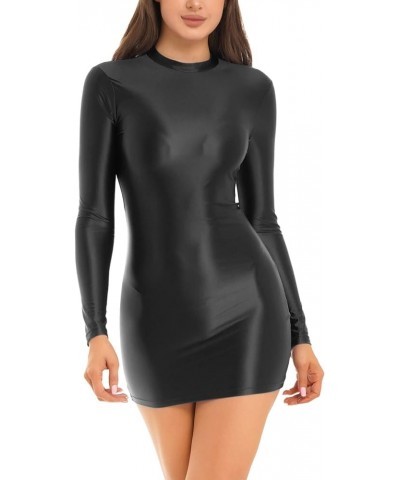 Women's Long Sleeve Bodycon Tight Pencil Dress Oil Glossy Sheer Micro Mini Dress Clubwear Black $7.39 Dresses