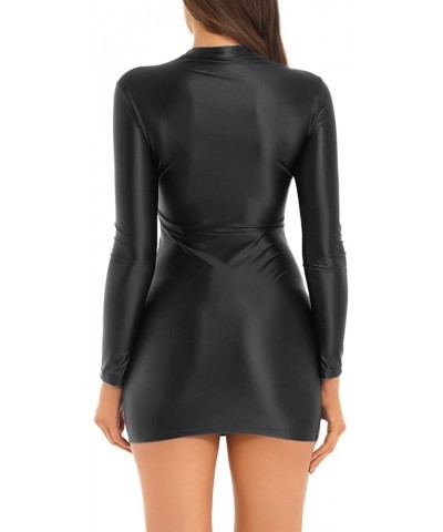 Women's Long Sleeve Bodycon Tight Pencil Dress Oil Glossy Sheer Micro Mini Dress Clubwear Black $7.39 Dresses