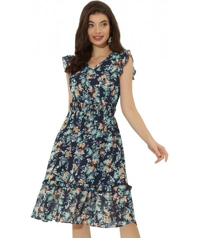 Women's Floral Dress Flutter Sleeves 2023 V Neck Smocked Ruffle Dress Dark Blue White $14.80 Dresses