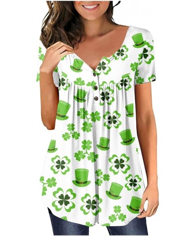 St Patricks Day Shirt Women Clover Henley V-Neck Summer Tops Short Sleeve Buttons Up Blouses Flowy Pleated Tunics A3-green~st...