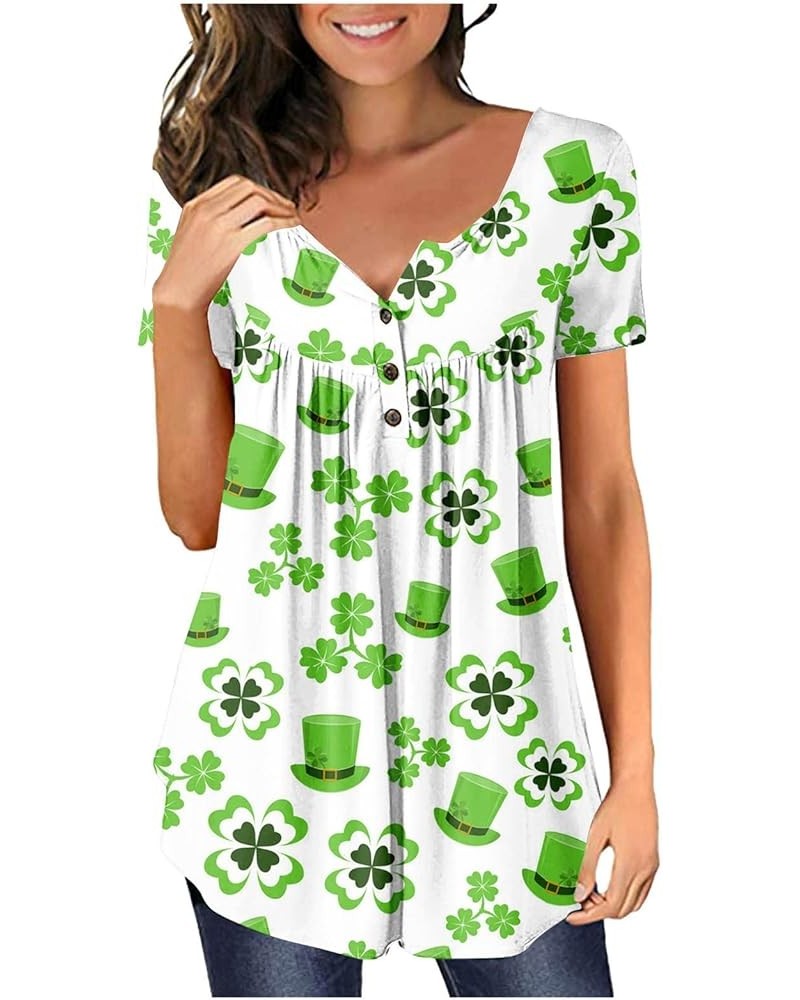 St Patricks Day Shirt Women Clover Henley V-Neck Summer Tops Short Sleeve Buttons Up Blouses Flowy Pleated Tunics A3-green~st...