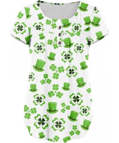 St Patricks Day Shirt Women Clover Henley V-Neck Summer Tops Short Sleeve Buttons Up Blouses Flowy Pleated Tunics A3-green~st...