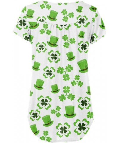 St Patricks Day Shirt Women Clover Henley V-Neck Summer Tops Short Sleeve Buttons Up Blouses Flowy Pleated Tunics A3-green~st...