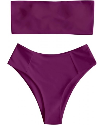 Women's Strapless Solid Color 2 Pieces Swimsuit Bandeau Bikini Bathing Suit 0-purplish Red $16.17 Swimsuits