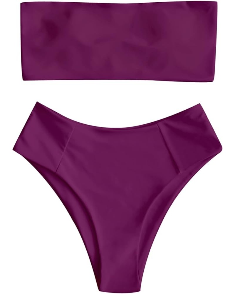 Women's Strapless Solid Color 2 Pieces Swimsuit Bandeau Bikini Bathing Suit 0-purplish Red $16.17 Swimsuits