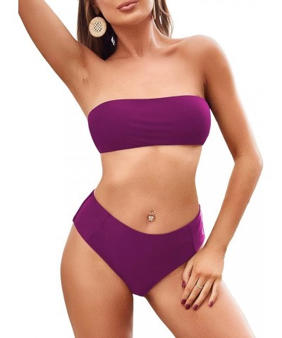 Women's Strapless Solid Color 2 Pieces Swimsuit Bandeau Bikini Bathing Suit 0-purplish Red $16.17 Swimsuits