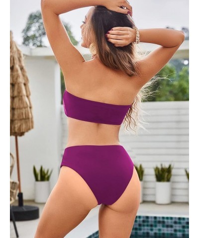 Women's Strapless Solid Color 2 Pieces Swimsuit Bandeau Bikini Bathing Suit 0-purplish Red $16.17 Swimsuits