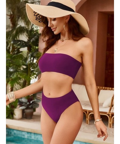 Women's Strapless Solid Color 2 Pieces Swimsuit Bandeau Bikini Bathing Suit 0-purplish Red $16.17 Swimsuits