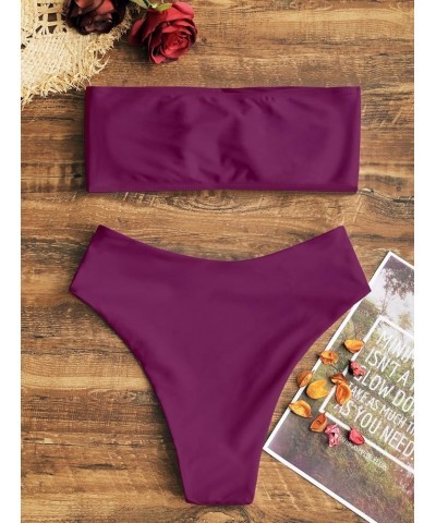 Women's Strapless Solid Color 2 Pieces Swimsuit Bandeau Bikini Bathing Suit 0-purplish Red $16.17 Swimsuits