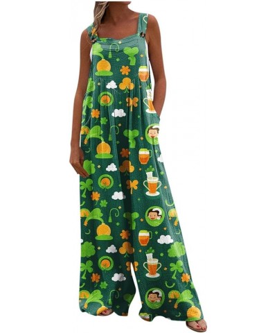 Wide Leg Jumpsuit for Women St. Patrick's Day Irish Shamrock Printed Romper Sleeveless Adjustable Straps Baggy Overalls 20ora...