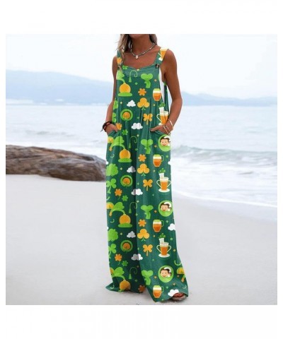 Wide Leg Jumpsuit for Women St. Patrick's Day Irish Shamrock Printed Romper Sleeveless Adjustable Straps Baggy Overalls 20ora...