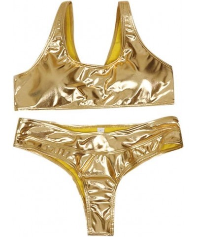 Women's Sexy One Piece Swimsuits Shiny Metallic V Neck Tummy Control Swimwear Bathing Suits Yellow $9.60 Swimsuits