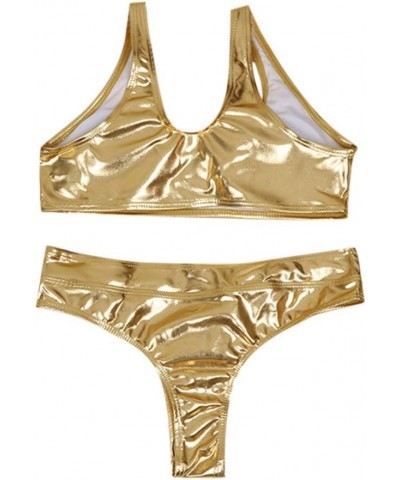 Women's Sexy One Piece Swimsuits Shiny Metallic V Neck Tummy Control Swimwear Bathing Suits Yellow $9.60 Swimsuits