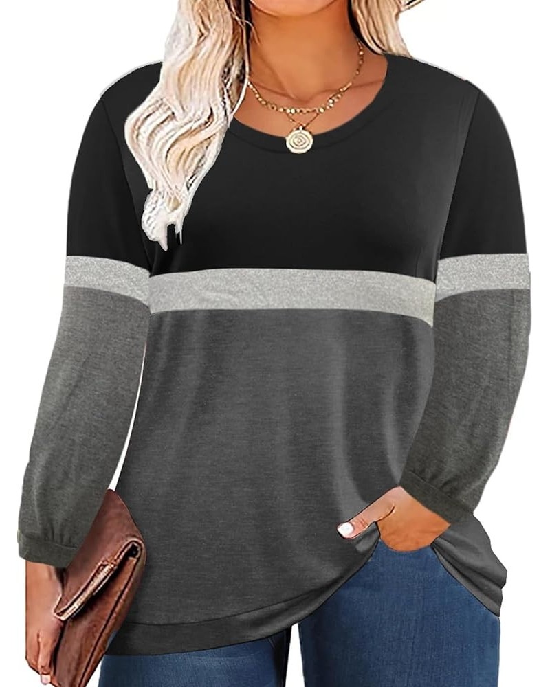 Women's Plus Size Tops Long Sleeve Crewneck Tops Colorblock Loose Fit Cute Ladies Tee Shirts 04 Black $10.99 Tops