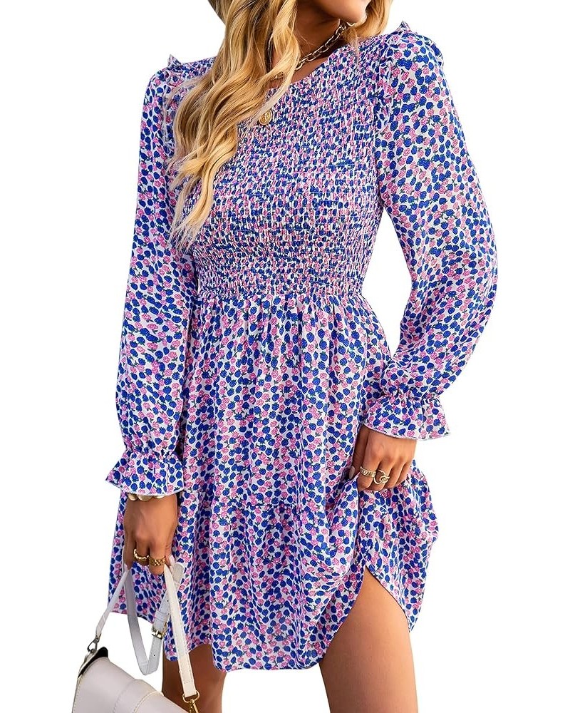 Women Spring Summer Long Sleeve Floral Dress Casual Crewneck Smocked High Waist Ruffle A Line Flowy Mini Dresses Blue $16.00 ...